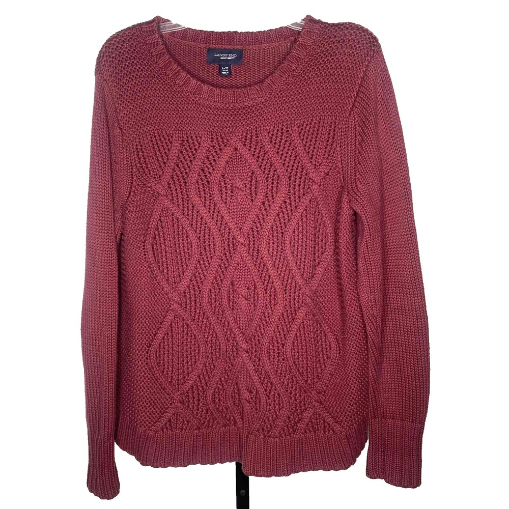 LANDS' END Women's size large Red Fisherman Sweater 100% Baumwolle cable knit‎